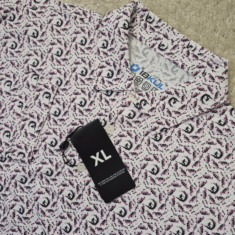 IBKUL Polo Shirt Mens XL White Pink Geometric Surfer Performance Golf Coastal